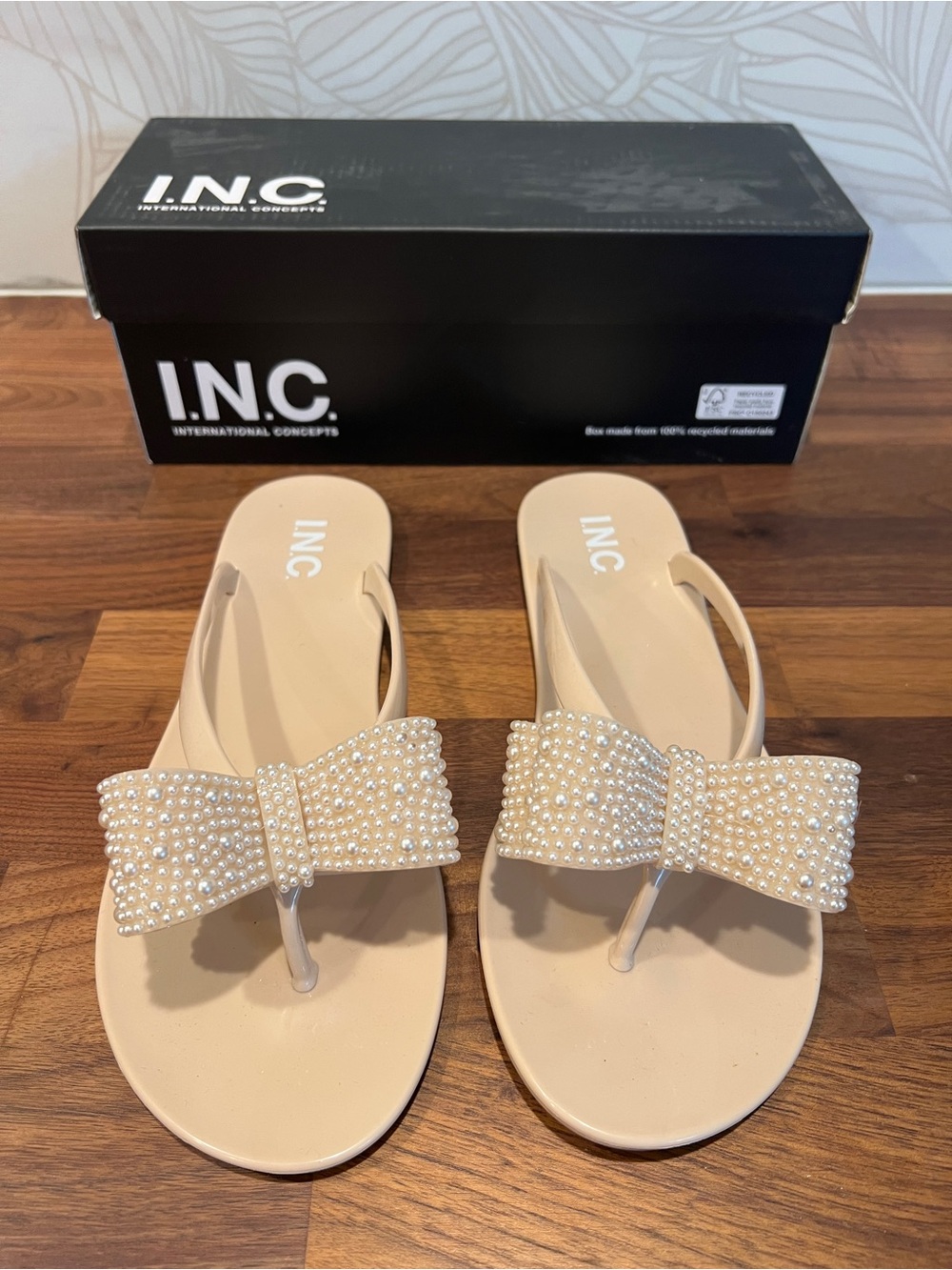 INC International Concepts Nude Pearl Bow Slide Sandals Wedding 9 NEW